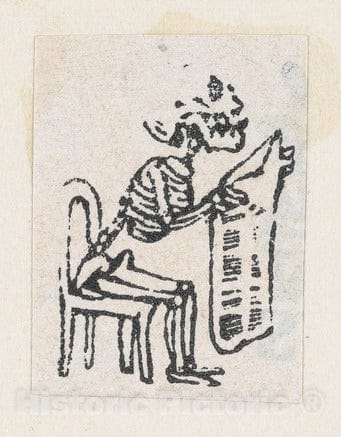 Art Print : Skeleton Sitting on a Chair and Reading a Newspaper - Artist: Jose Guadalupe Posada - Created: c1889 : Vintage Wall Art