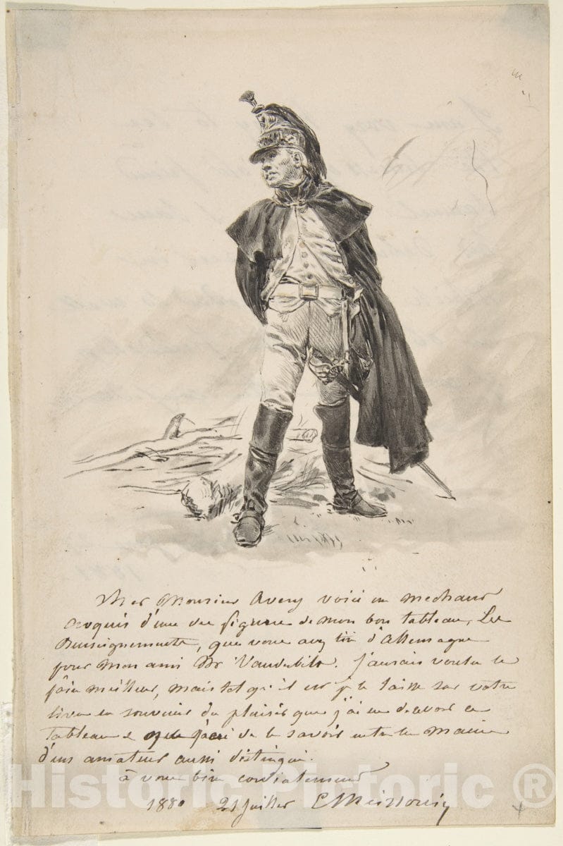 Art Print : Ernest Meissonier - Letter to Samuel P. Avery with a Drawing of a Military Figure : Vintage Wall Art