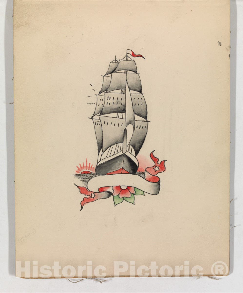 Art Print : Clark & Sellers - Tattoo Design with a Ship : Vintage Wall Art