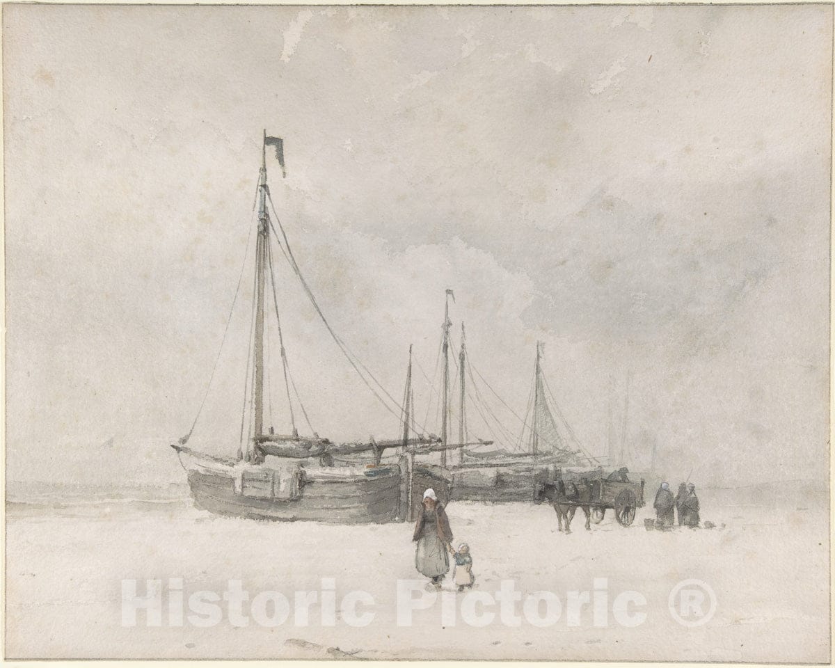 Art Print : Anton Mauve - Fishing Boats on The Beach in Winter : Vintage Wall Art