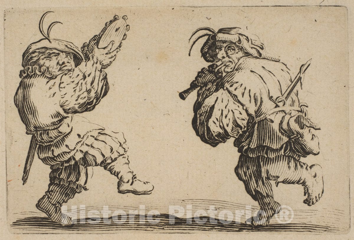 Art Print : Jacques Callot - Les Danseurs a la Flute et au Tambourin (Two Dancers Playing the Flute and the Tambourine), from Les Caprices Series B, The Nancy Set : Vintage Wall Art