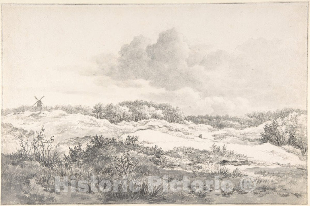 Art Print : Gerrit Jan Michaëlis - Wooded Dune Landscape Near Haarlem, with Windmill and a Pair of Figures : Vintage Wall Art