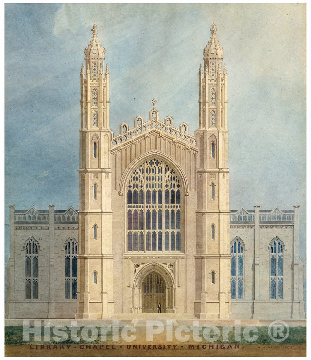 Art Print : Alexander Jackson Davis - Library and Chapel, University of Michigan, Ann Arbor (Front Elevation) : Vintage Wall Art