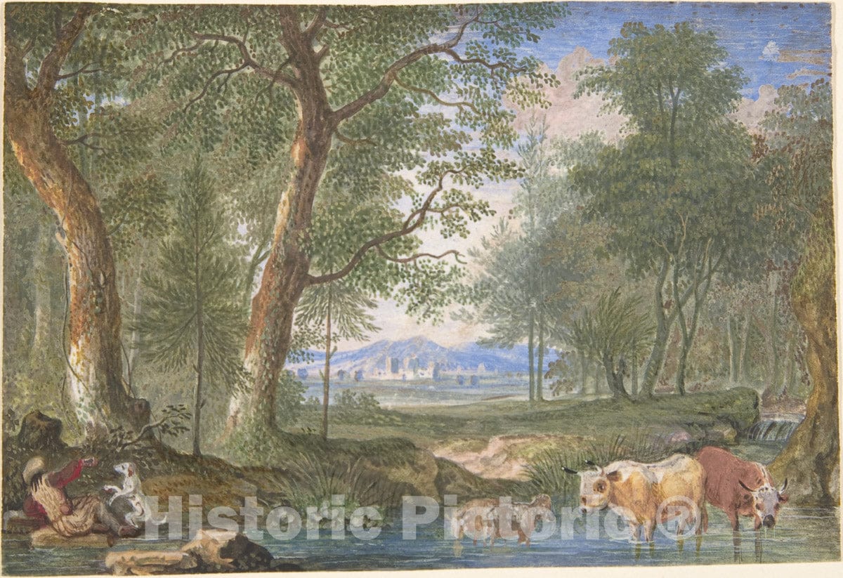 Art Print : Felix Meyer - Landscape with Cows in a Brook : Vintage Wall Art