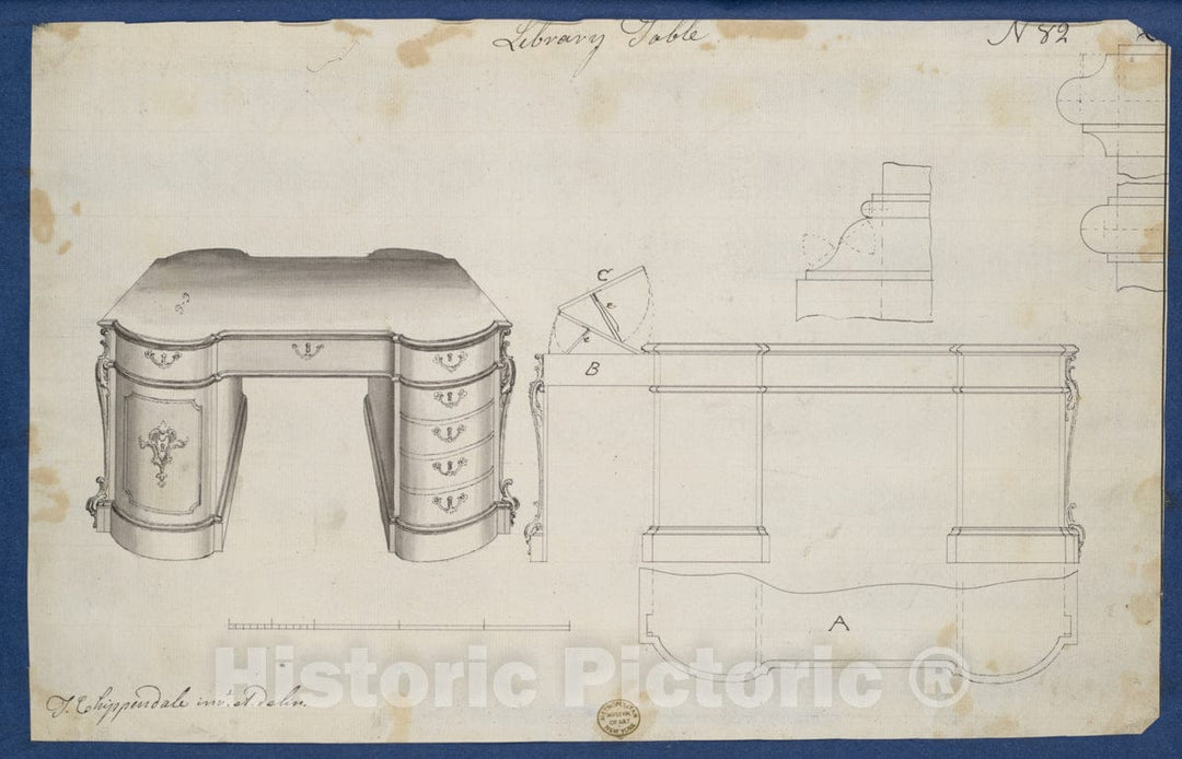 Art Print : Thomas Chippendale - Library Table, from Chippendale Drawings, Vol. II - 439505 : Vintage Wall Art