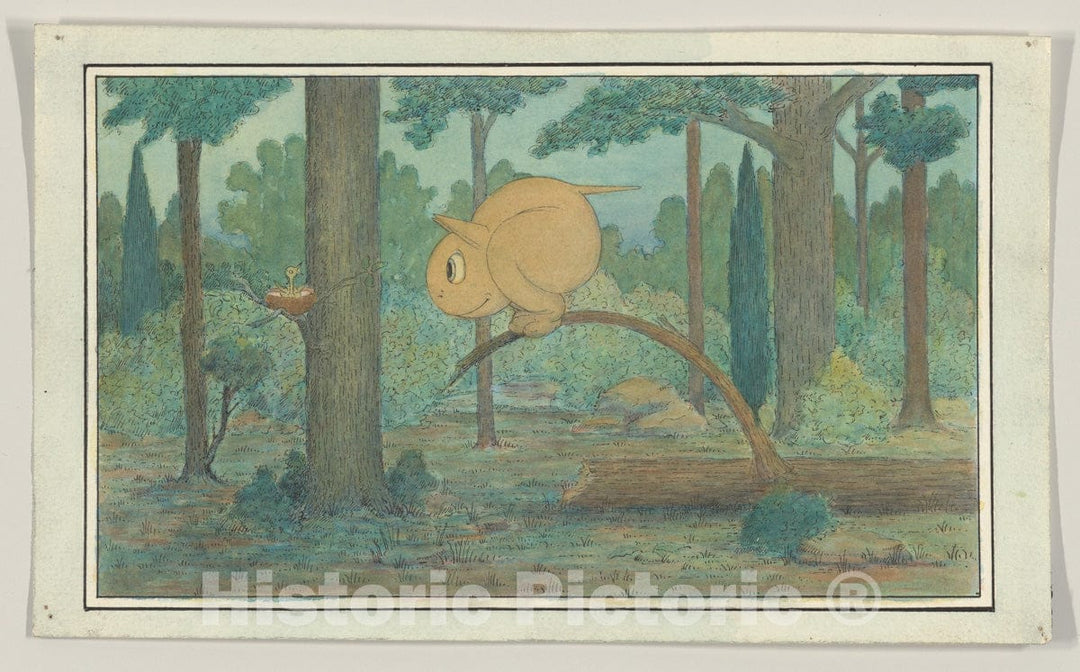 Art Print : Herbert E. Crowley - A Wiggle Much Creature Looking at a Bird's Nest : Vintage Wall Art