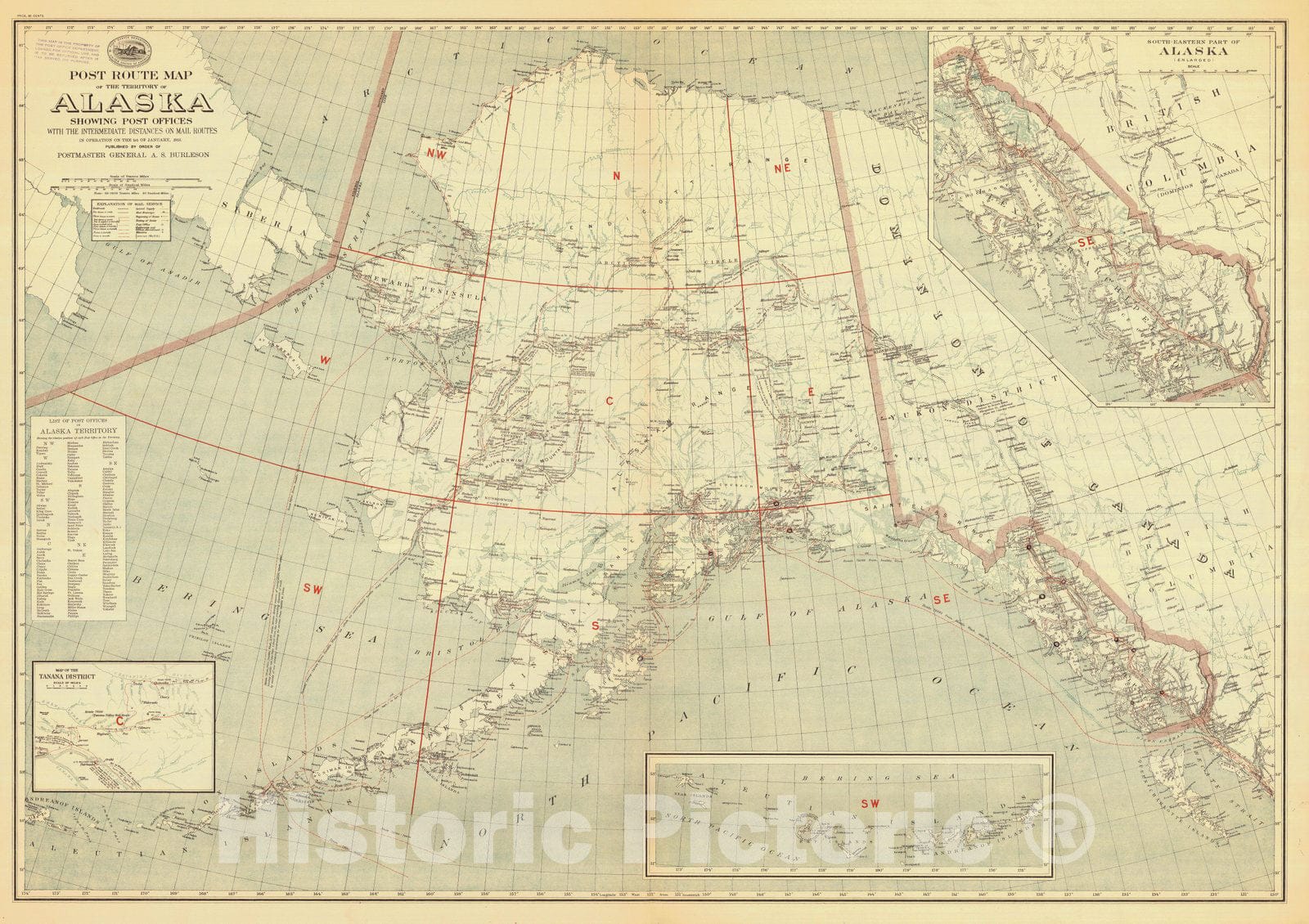 Historic Nautical Map - Post Route Map Of The Territory Of Alaska Showing Post Offices, 1916 NOAA Cartographic - Vintage Wall Art