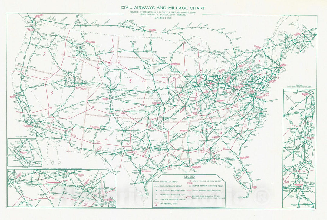 Historic Nautical Map - Civil Airways And Mileage Chart, 1948 AeroNOAA Chart - Vintage Wall Art