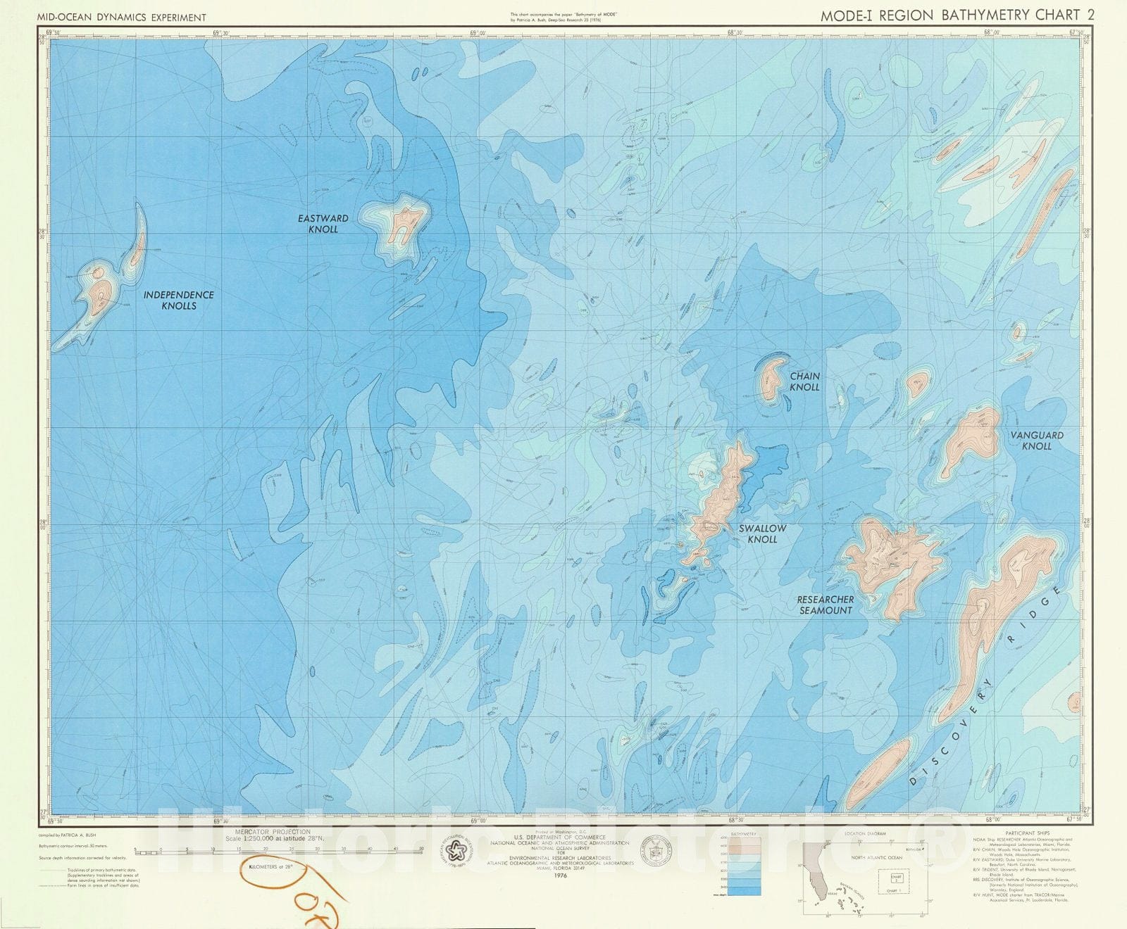 Historic Nautical Map - Mid Ocean Dynamics Experiment Mode-I Region Bathymetry Chart 2, 1976 NOAA Chart - Vintage Wall Art