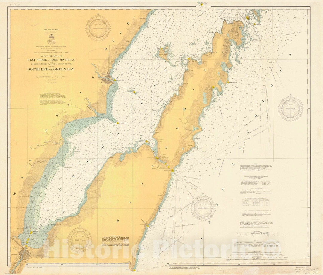 Historic Nautical Map - West Shore Of Lake Michigan From Porte Des Morts Passage To Kewaunee Wis Including South End Of Green Bay, 1910 NOAA Chart - Vintage Wall Art