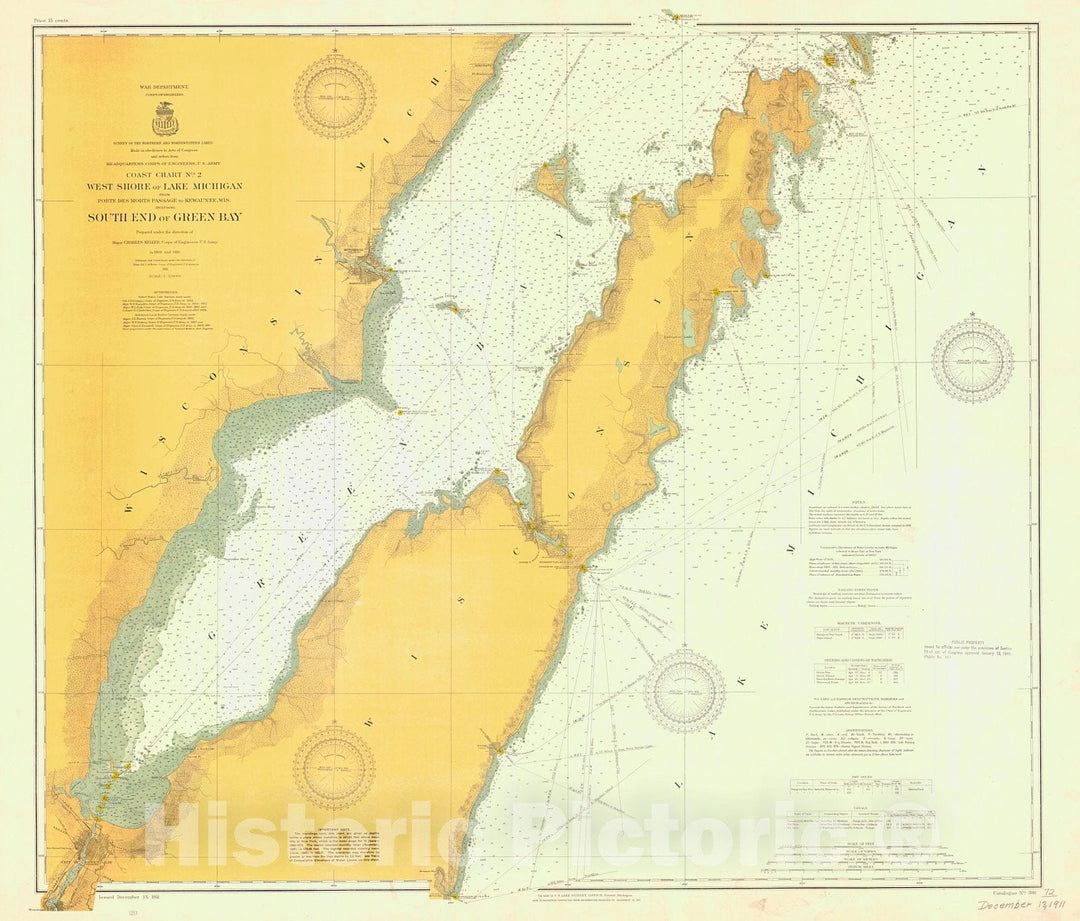 Historic Nautical Map - West Shore Of Lake Michigan From Porte Des Morts Passage To Kewaunee Wis Including South End Of Green Bay, 1911 NOAA Chart - Vintage Wall Art