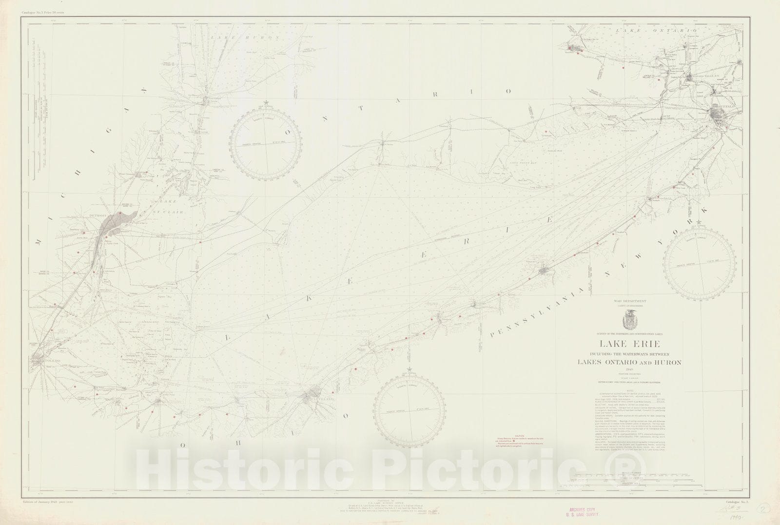 Historic Nautical Map - Lake Erie Including The Waterways Between Lakes Ontario And Huron, 1940 NOAA Chart - Vintage Wall Art