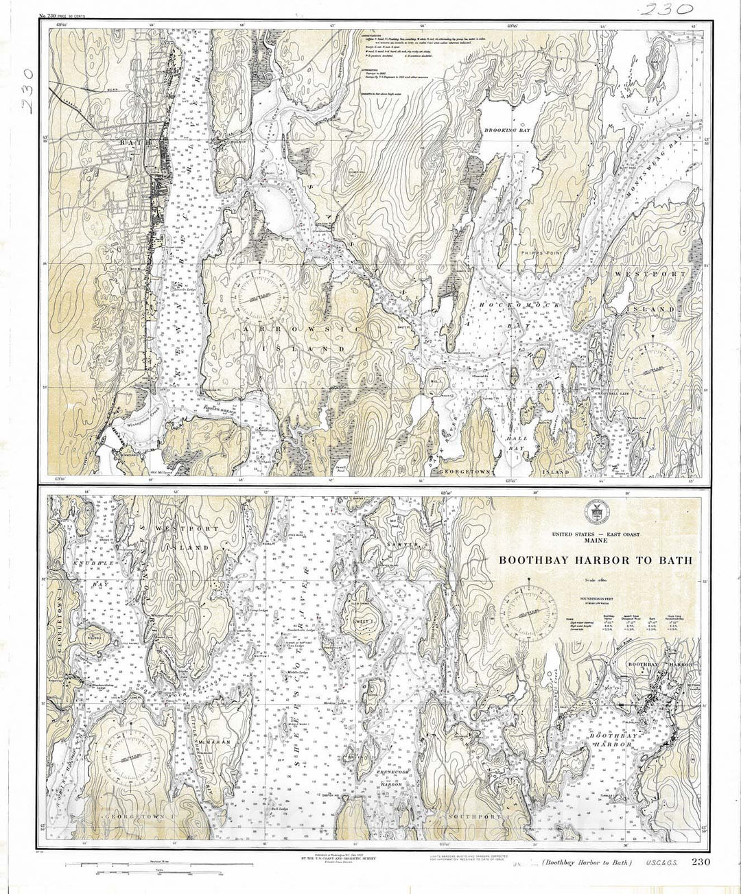 Historic Nautical Map - Boothbay Harbor To Bay, 1922 NOAA Chart - Vintage Wall Art