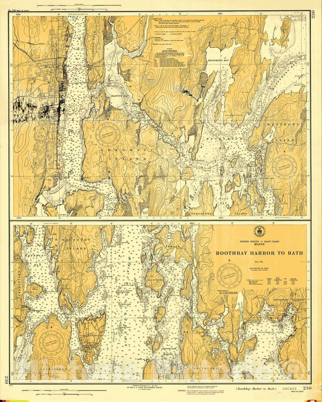 Historic Nautical Map - Boothbay Harbor To Bay, 1944 NOAA Chart - Vintage Wall Art