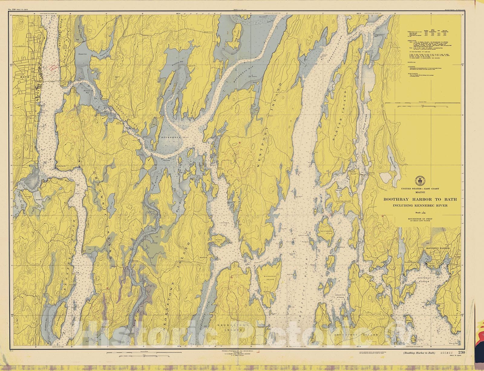 Historic Nautical Map - Boothbay Harbor To Bay, 1946 NOAA Chart - Vintage Wall Art