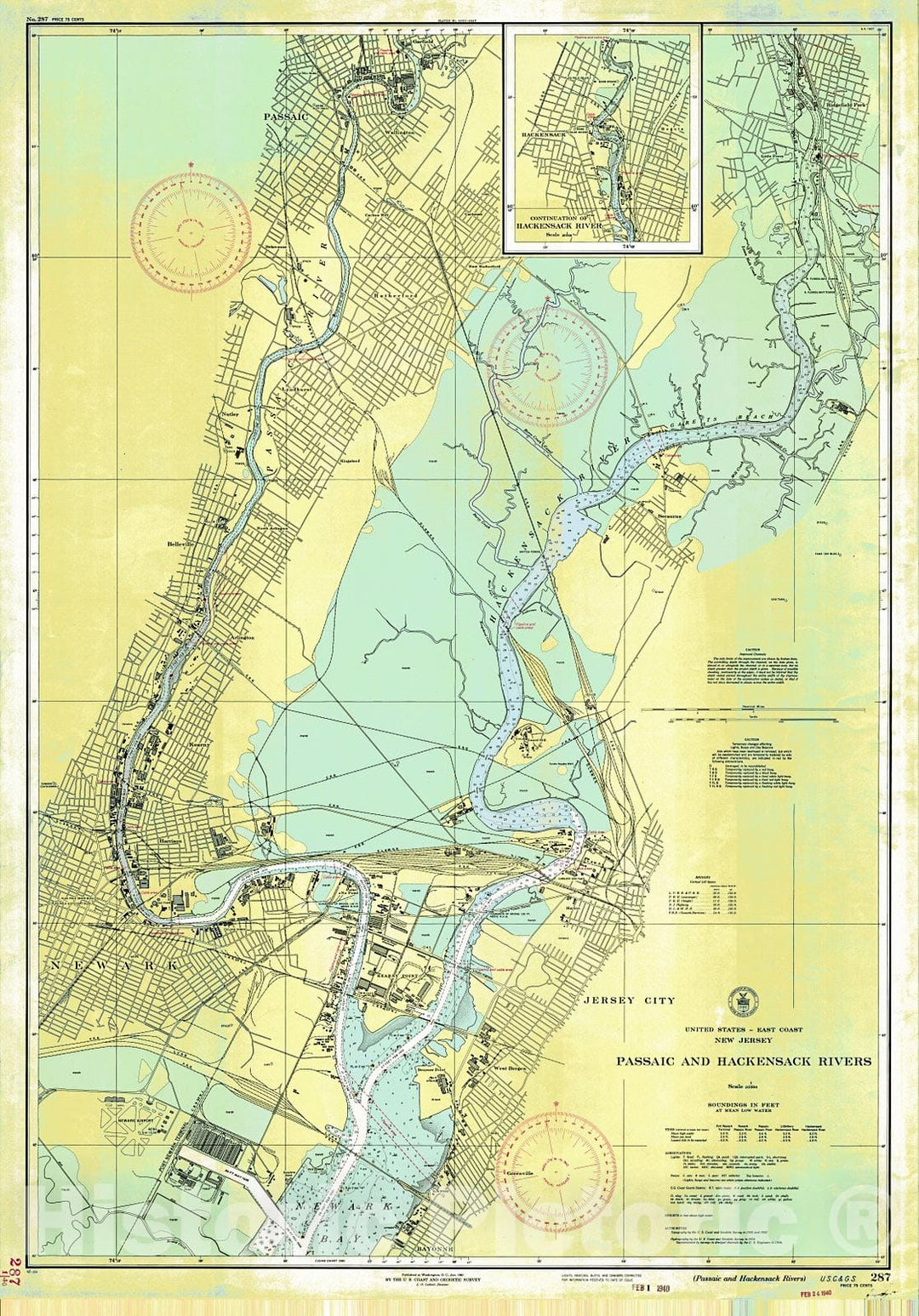 Historic Nautical Map - Passaic And Hackensack Rivers, 1940 NOAA Chart - Vintage Wall Art, v2