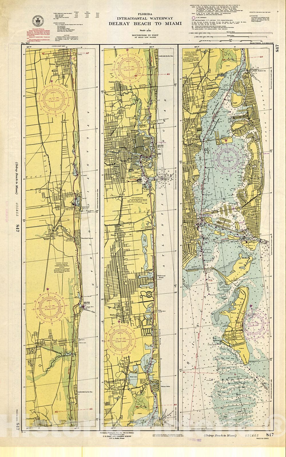 Historic Nautical Map - Delray Beach To Miami, 1951 NOAA Chart - Vintage Wall Art