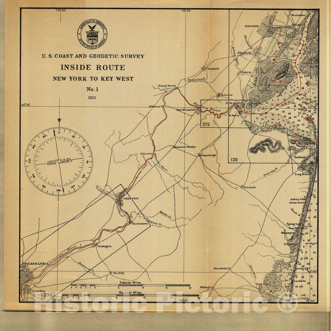 Historic Nautical Map - Inside Route: New York To Key West, 1913 NOAA Chart - Vintage Wall Art