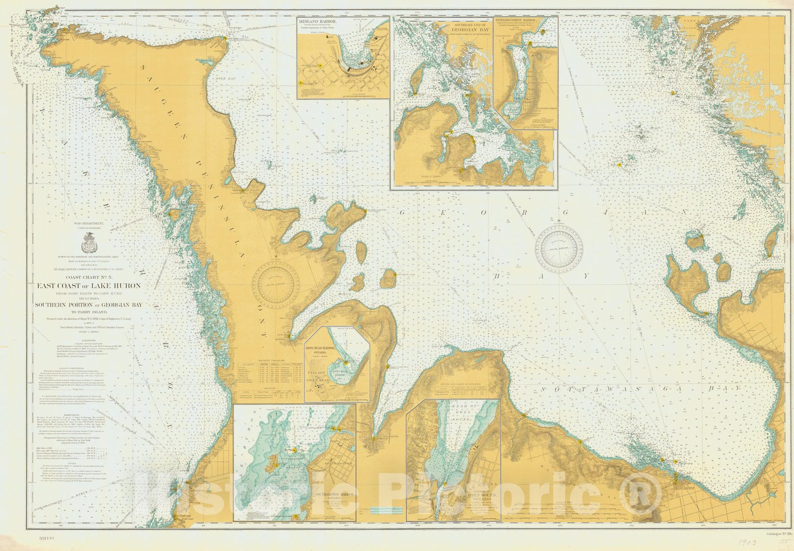 Historic Nautical Map - East Coast Of Lake Huron From Port Elgin To Cape Hurd Including Southern Portion Of Georgian Bay To Parry Island, 1903 NOAA Chart - Decor Poster Wall Art Reproduction - 0