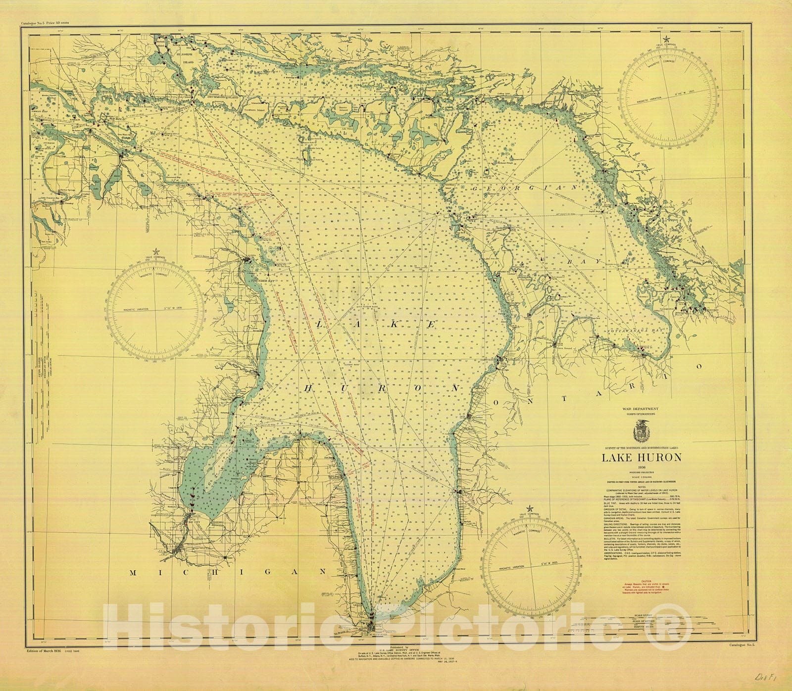 Historic Nautical Map - Lake Huron, 1936 NOAA Chart - Vintage Wall Art