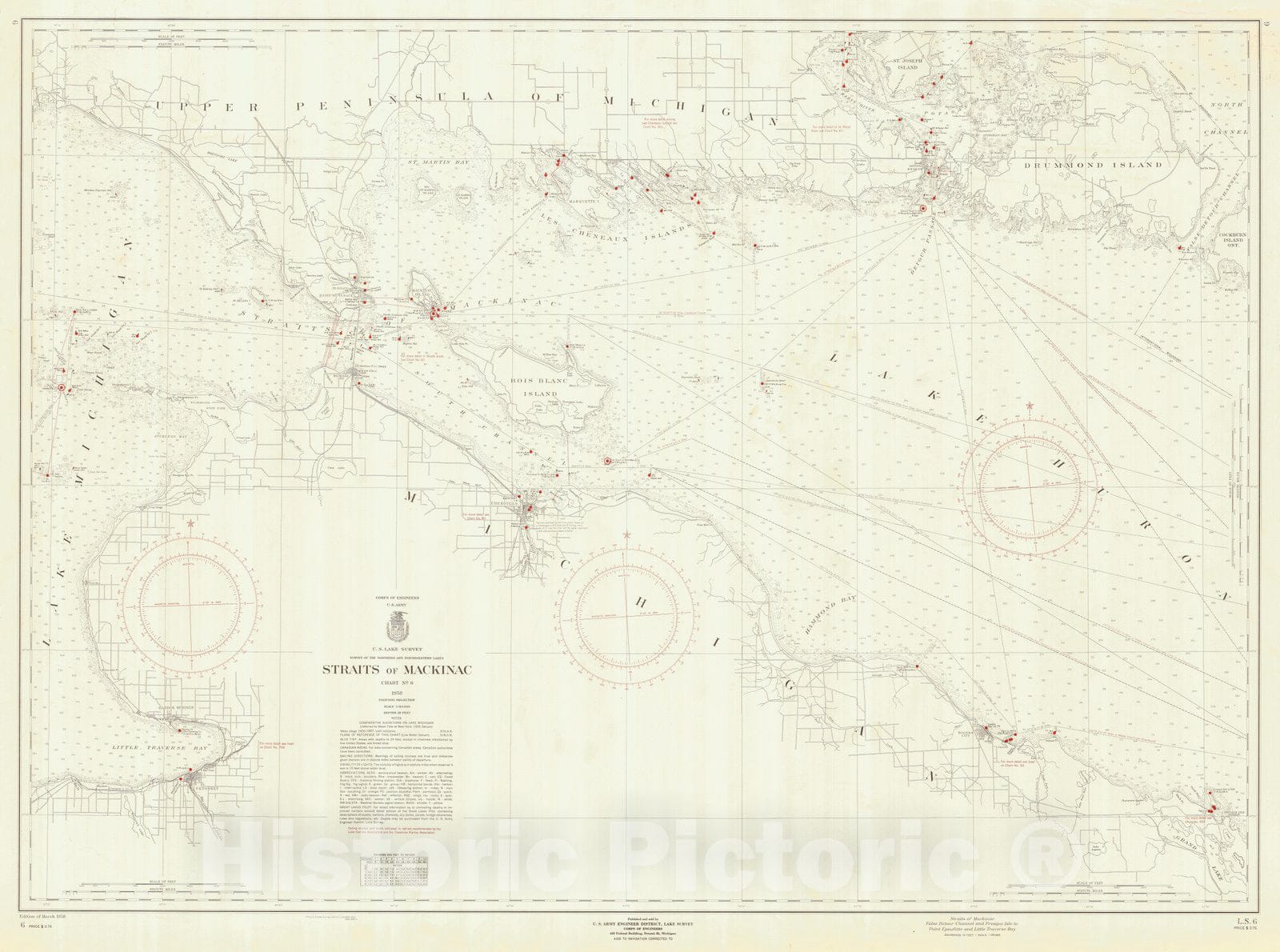 Historic Nautical Map - Straits Of Mackinac False Detour Channel And Presque Isle To Point Epoufette And Little Traverse Bay, 1958 NOAA Chart - Vintage Wall Art, v2