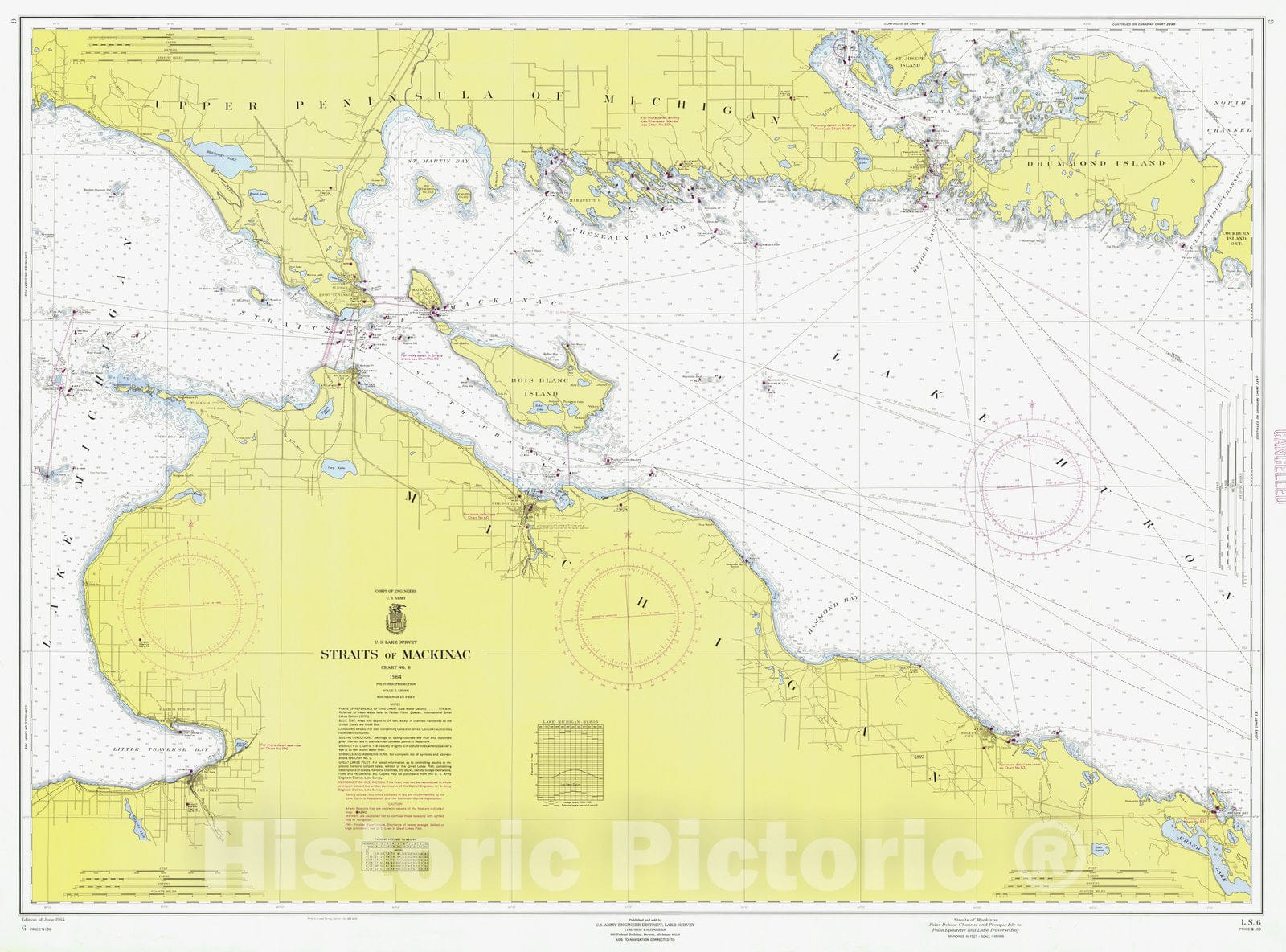 Historic Nautical Map - Straits Of Mackinac False Detour Channel And Presque Isle To Point Epoufette And Little Traverse Bay, 1964 NOAA Chart - Vintage Wall Art