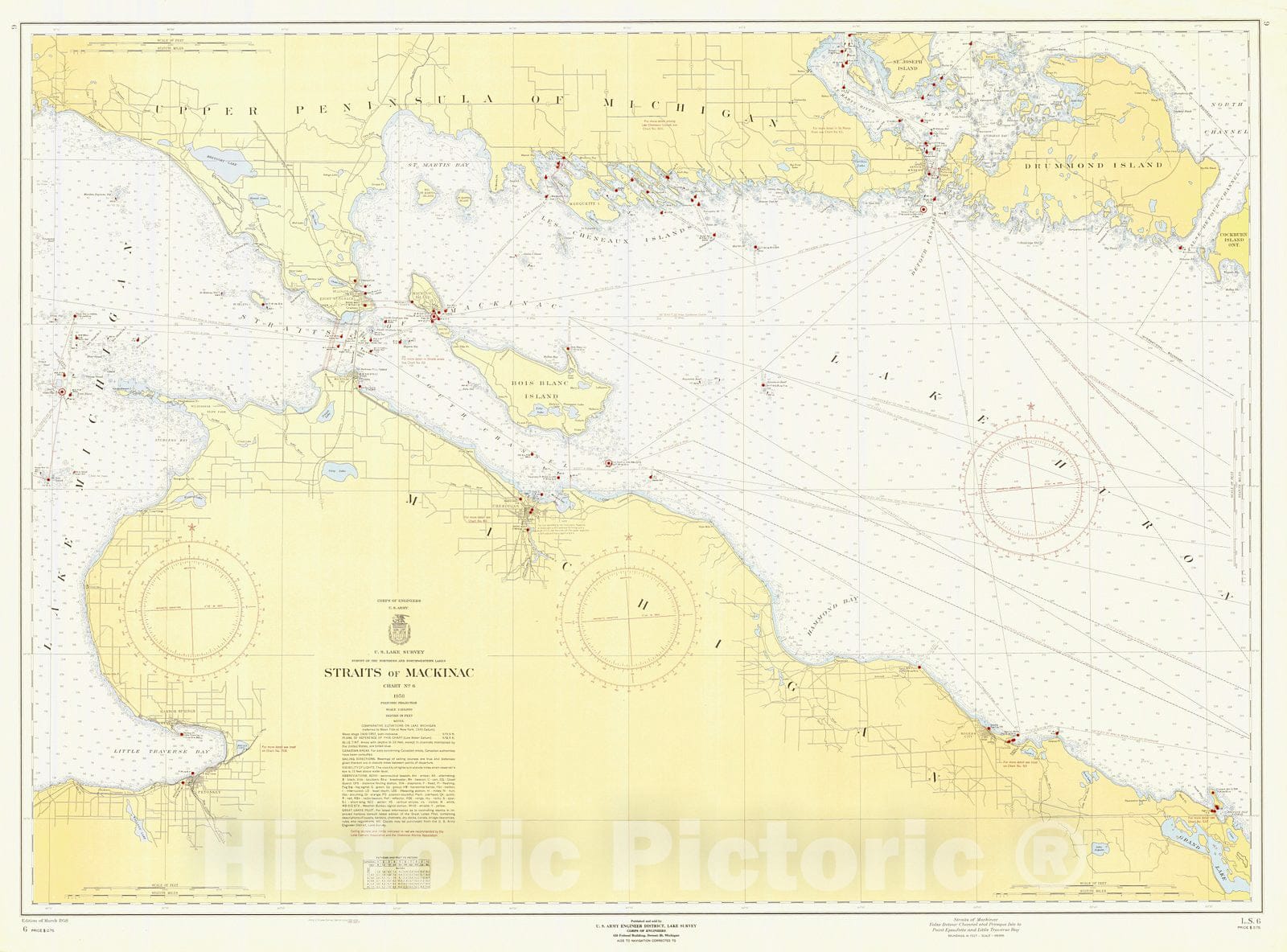 Historic Nautical Map - Straits Of Mackinac False Detour Channel And Presque Isle To Point Epoufette And Little Traverse Bay, 1958 NOAA Chart - Vintage Wall Art