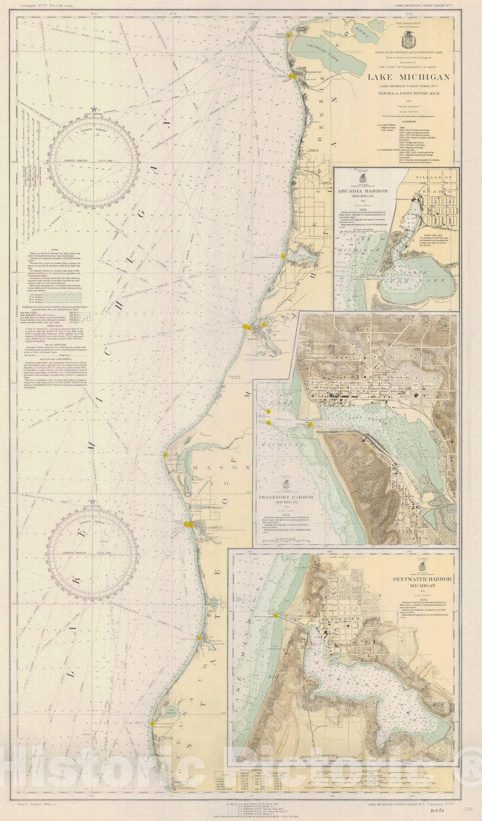 Historic Nautical Map - Lake Michigan Coast Chart, 1932 NOAA Chart - Vintage Wall Art