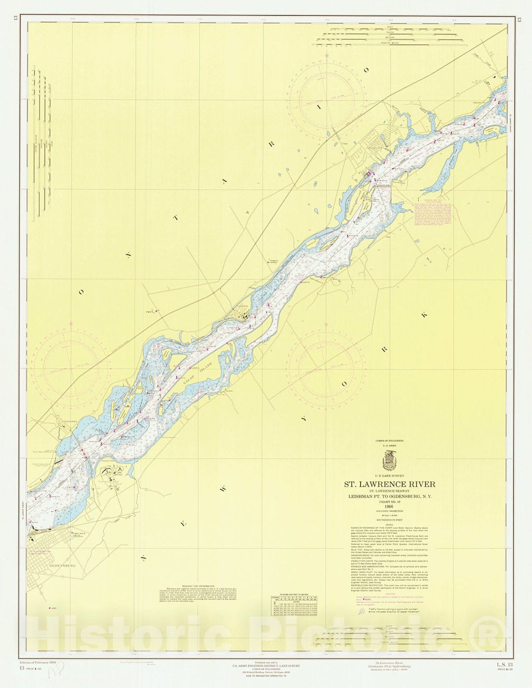 Historic Nautical Map - St Lawrence River Leishman Pt To Ogdensburg Ny, 1966 NOAA Chart - Vintage Wall Art