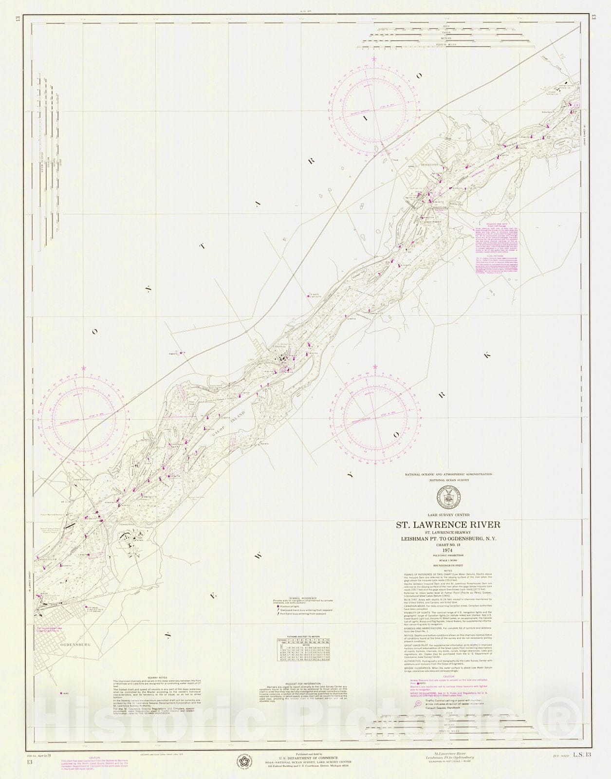 Historic Nautical Map - St Lawrence River Leishman Pt To Ogdensburg, 1974 NOAA Chart - Vintage Wall Art