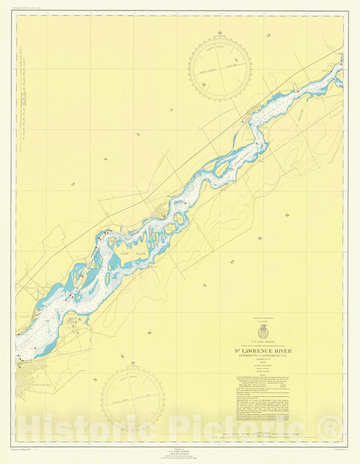 Historic Nautical Map - St Lawrence River Leishman Pt To Ogdensburg Ny, 1949 NOAA Chart - Vintage Wall Art