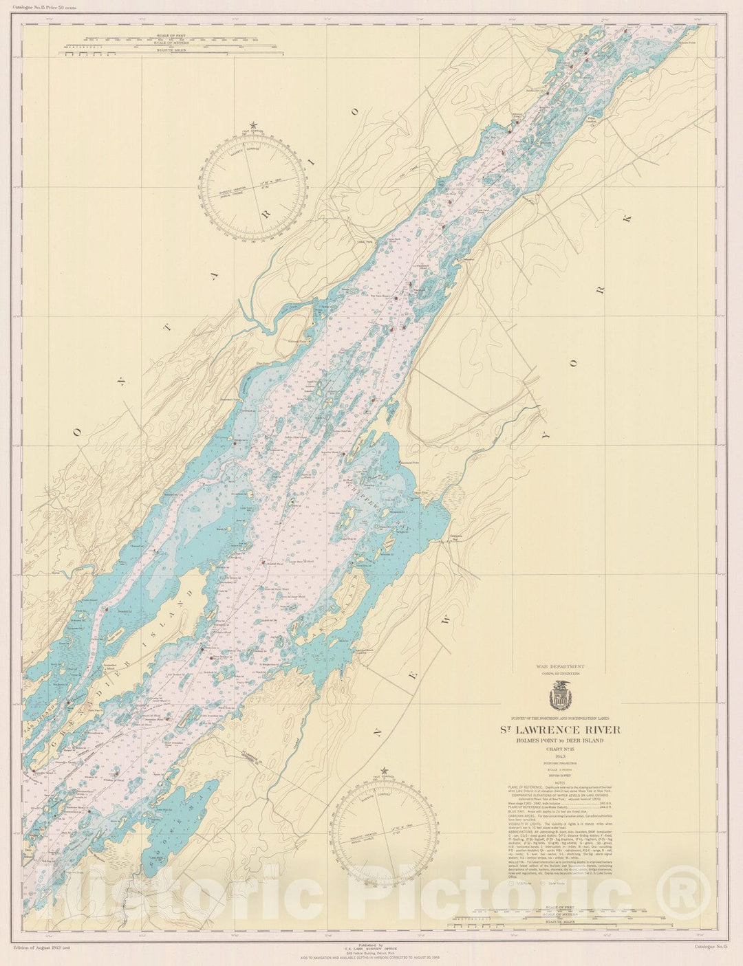 Historic Nautical Map - St Lawrence River Holmes Point To Deer Island, 1943 NOAA Chart - Vintage Wall Art