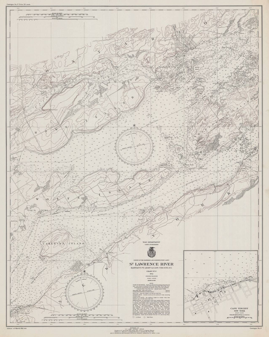 Historic Nautical Map - St. Lawrence River Bartlett Pt. Light To Cape Vincent, N.Y, 1941 NOAA Chart - Vintage Wall Art