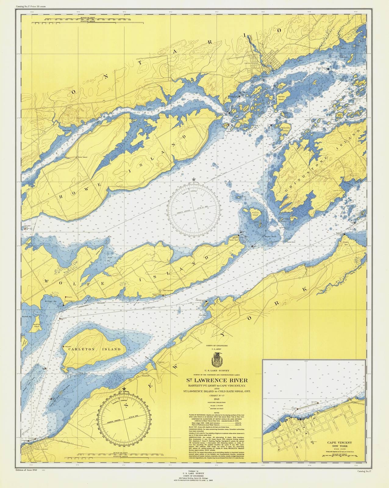 Historic Nautical Map - St Lawrence River Bartlett Pt Light To Cape Vincent And St Lawrence Island To Cold Bath Shoal, 1949 NOAA Chart - Vintage Wall Art