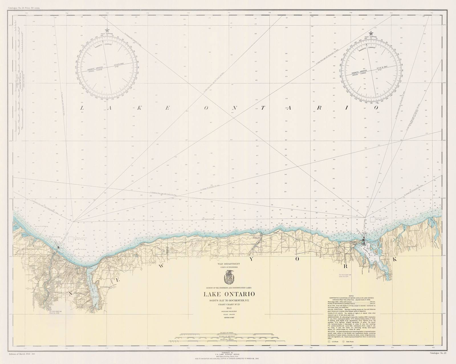 Historic Nautical Map - Lake Ontario Sodus Bay To Rochester Ny, 1943 NOAA Chart - Vintage Wall Art