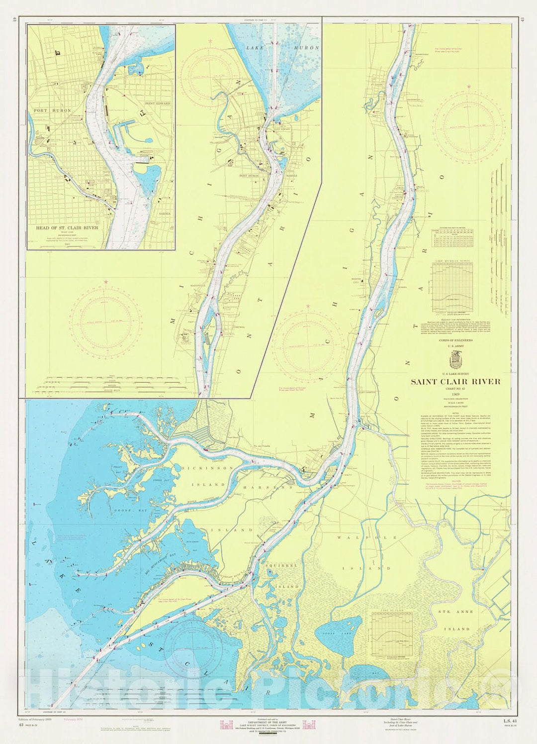 Historic Nautical Map - Saint Clair River Including St Clair Flats And Foot Of Lake Huron, 1969 NOAA Chart - Vintage Wall Art