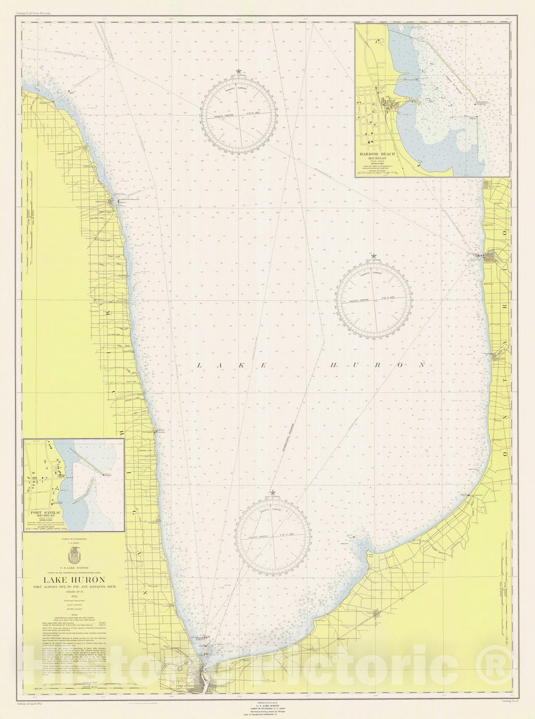 Historic Nautical Map - Lake Huron Port Albert Ont To Pte Aux Barques Mich, 1952 NOAA Chart - Vintage Wall Art