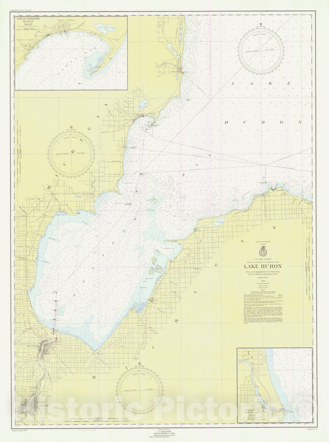 Historic Nautical Map - Lake Huron Coast Pte Aux Barques To Oscoda Including Saginaw Bay, 1952 NOAA Chart - Vintage Wall Art