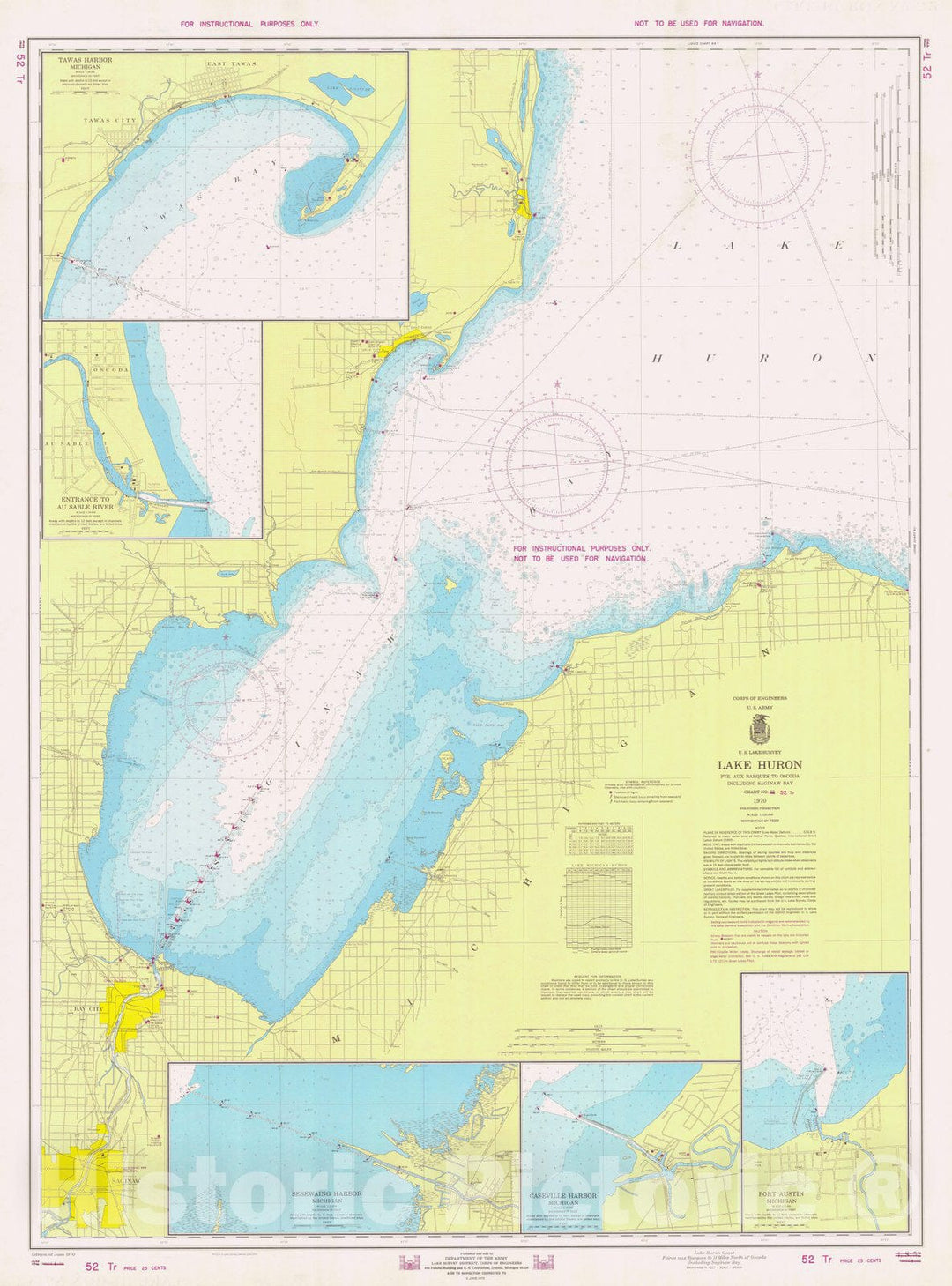 Historic Nautical Map - Lake Huron Coast Pointe Aux Barques To 11 Miles North Of Oscoda Including Saginaw Bay, 1970 NOAA Chart - Vintage Wall Art