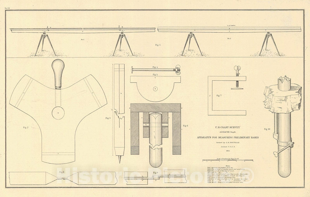 Historic Nautical Map - Apparatus For Measuring Preliminary Bases, 1855 NOAA Sketch - Vintage Wall Art