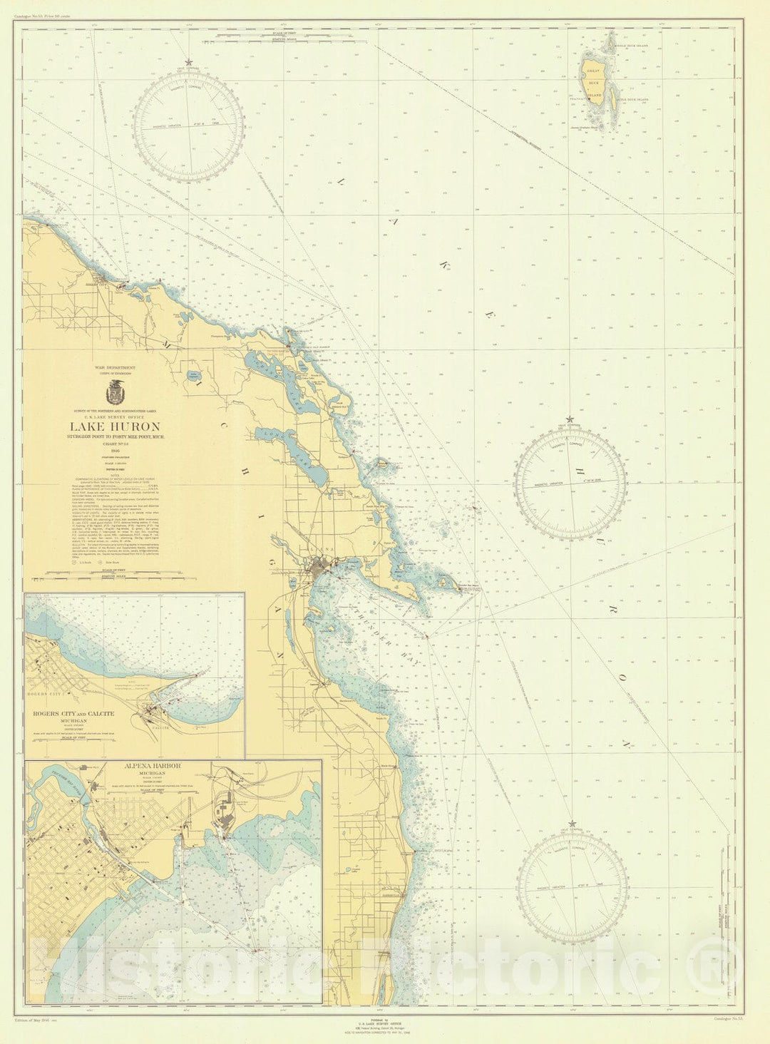 Historic Nautical Map - Lake Huron Sturgeon Point To Forty Mile Point Mich, 1946 NOAA Chart - Vintage Wall Art