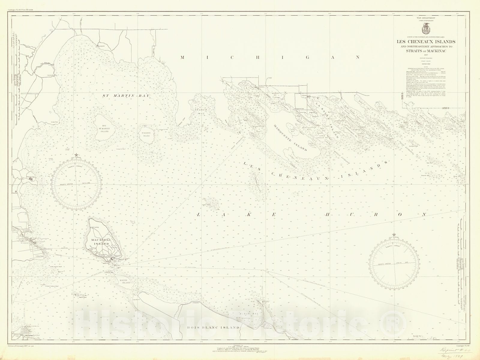 Historic Nautical Map - Les Cheneaux Islands And Northeasterly Approaches To Straits Of Mackinac, 1937 NOAA Chart - Vintage Wall Art