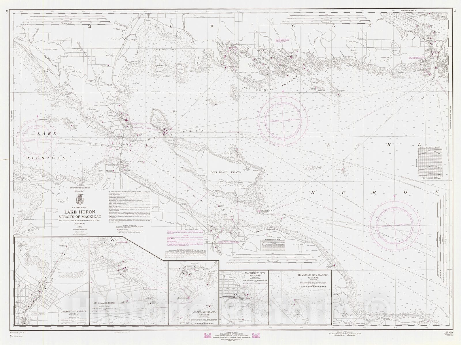 Historic Nautical Map - Straits Of Mackinac De Tour Passage To Waugoshance Point, 1970 NOAA Chart - Vintage Wall Art