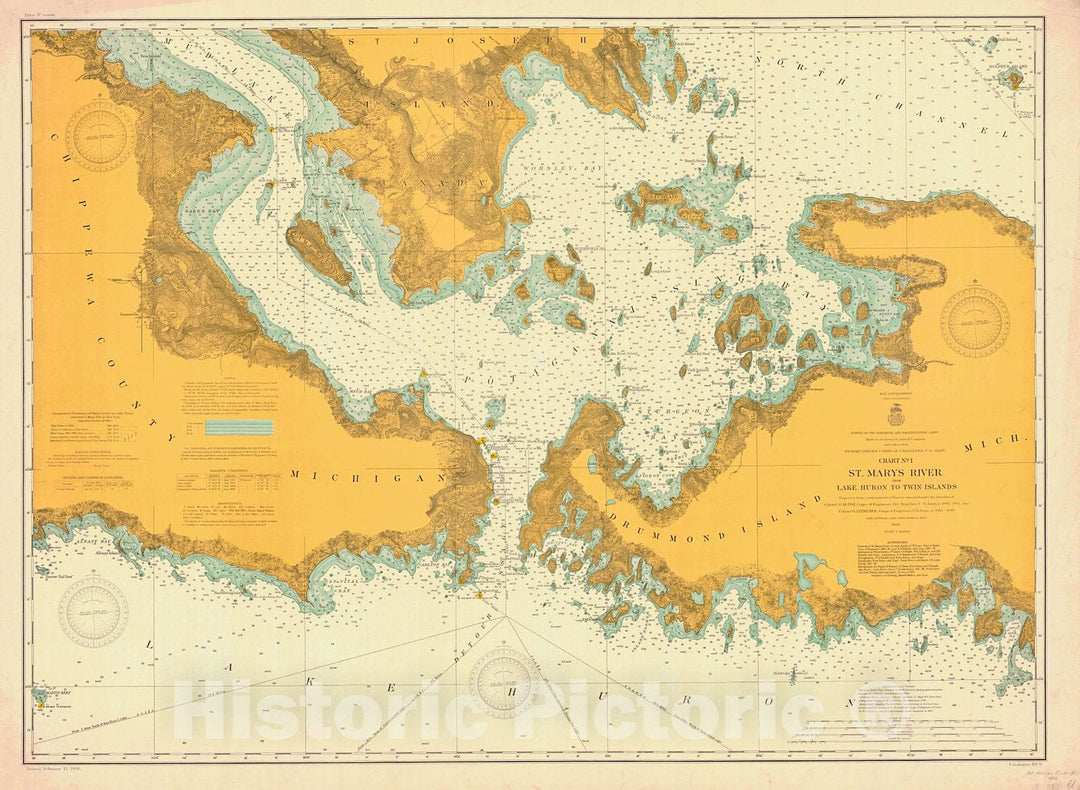 Historic Nautical Map - St Marys River From Lake Huron To Twin Islands, 1906 NOAA Chart - Vintage Wall Art