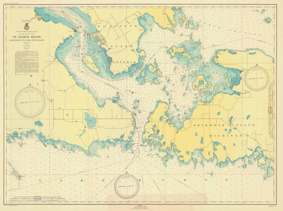 Historic Nautical Map - St Marys River Lake Huron To Lake Munuscong, 1946 NOAA Chart - Vintage Wall Art