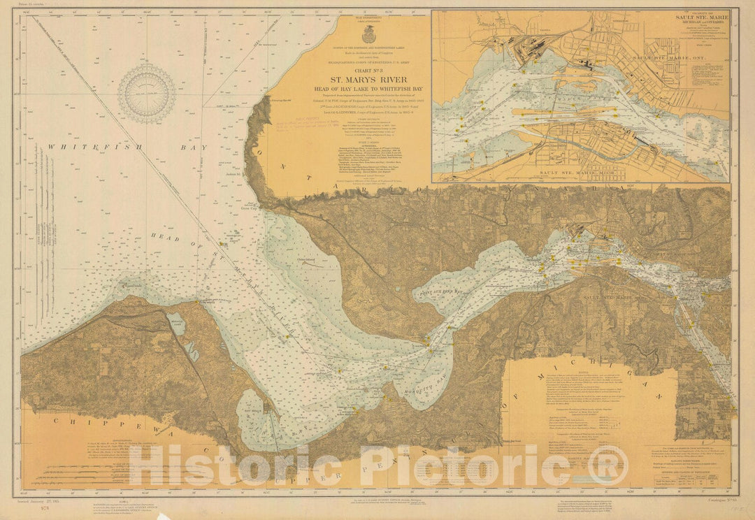 Historic Nautical Map - St. Marys River. Head Of Hay Lake To Whitefish Bay, 1915 NOAA Chart - Vintage Wall Art