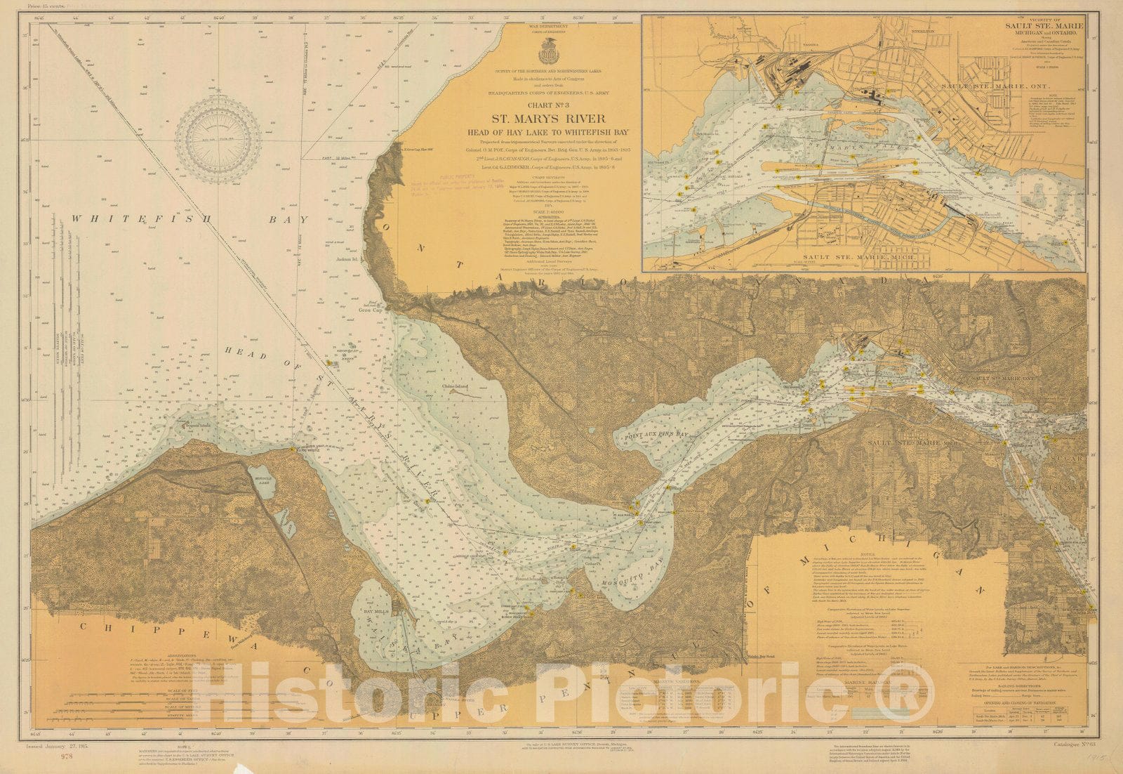 Historic Nautical Map - St. Marys River. Head Of Hay Lake To Whitefish Bay, 1915 NOAA Chart - Vintage Wall Art