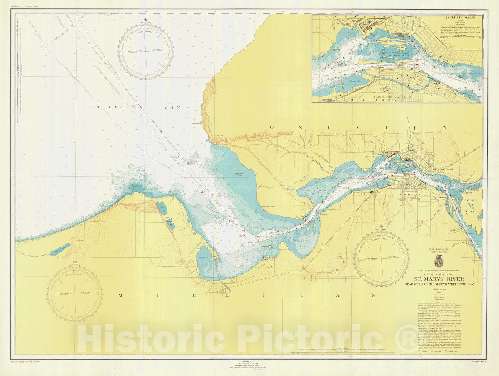 Historic Nautical Map - St Marys River Head Of Lake Nicolet To Whitefish Bay, 1946 NOAA Chart - Vintage Wall Art