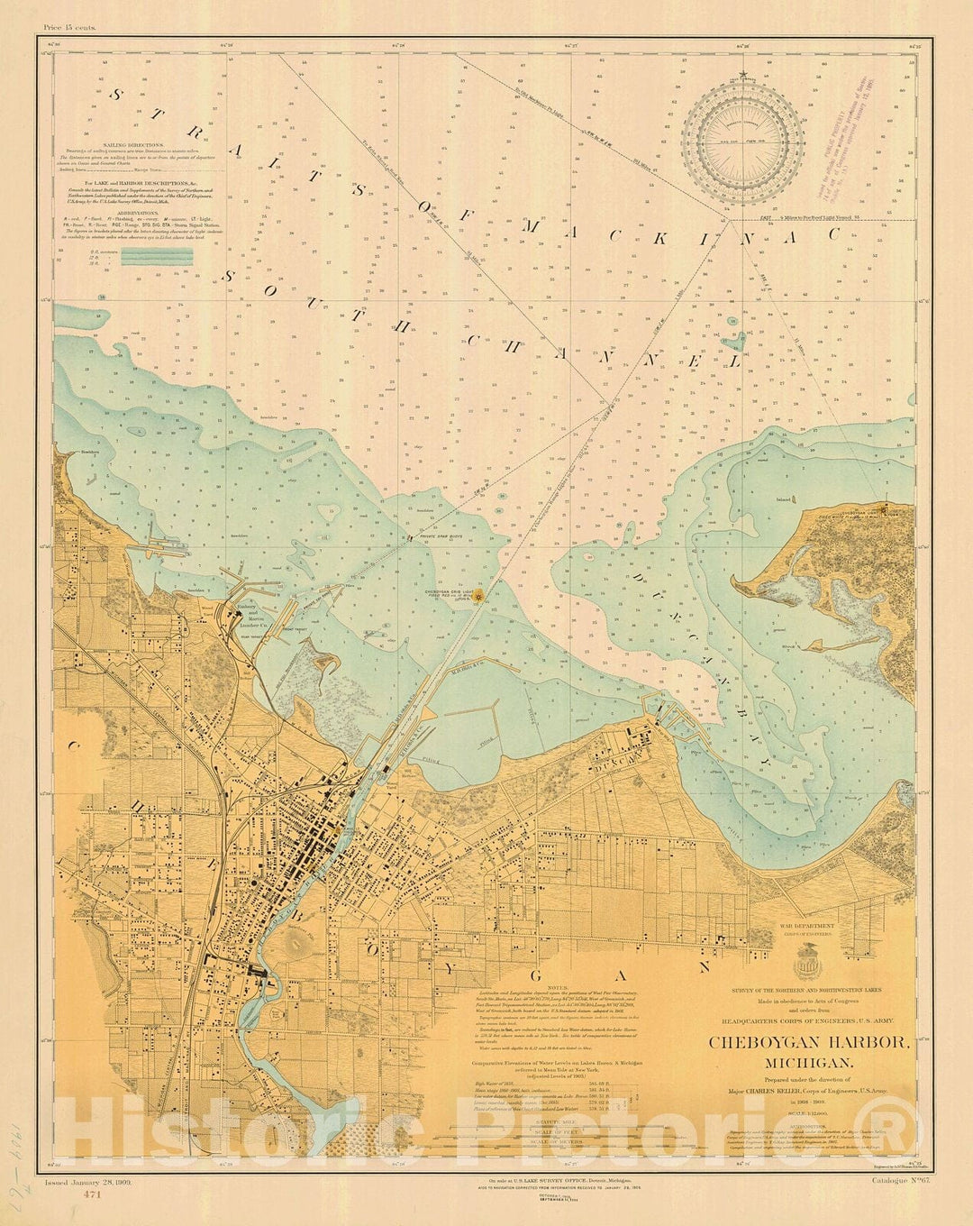 Historic Nautical Map - Cheboygan Harbor, 1909 NOAA Chart - Vintage Wall Art