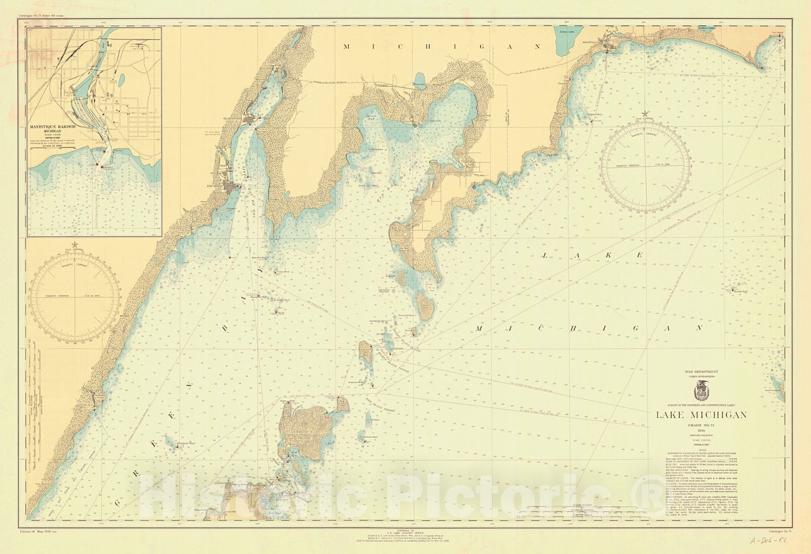 Historic Nautical Map - Lake Michigan, 1938 NOAA Chart - Vintage Wall Art